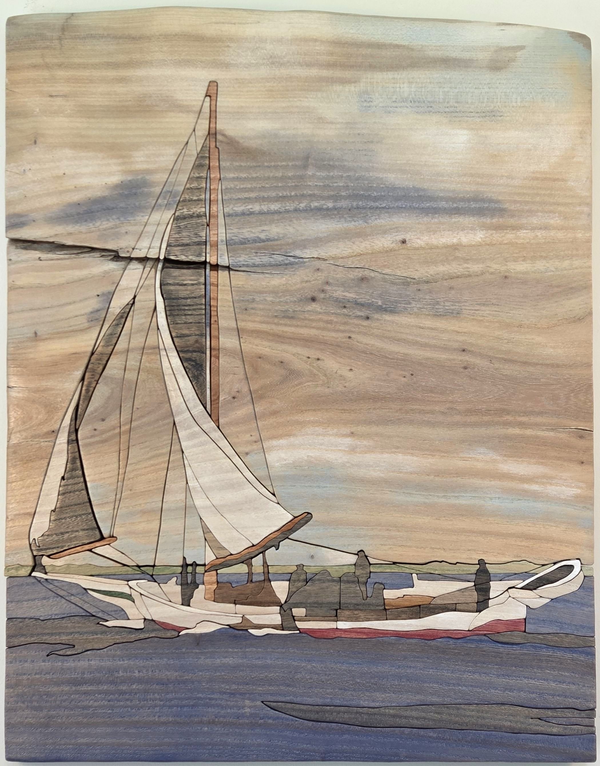 Simon, Carl, "Skipjack (Thomas Clyde), 
Mixed media: Live edge elm board with acrylic washes (elm tree grew in Olney, MD), 17 x 22", $780, 2026 Juried Exhibition Juror's Award