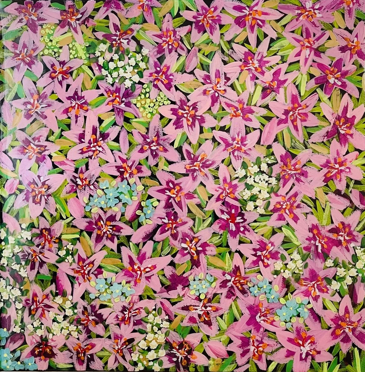 Malhotra, Archa "Lilies Forever", acrylic & resin on canvas, 12x12", $300