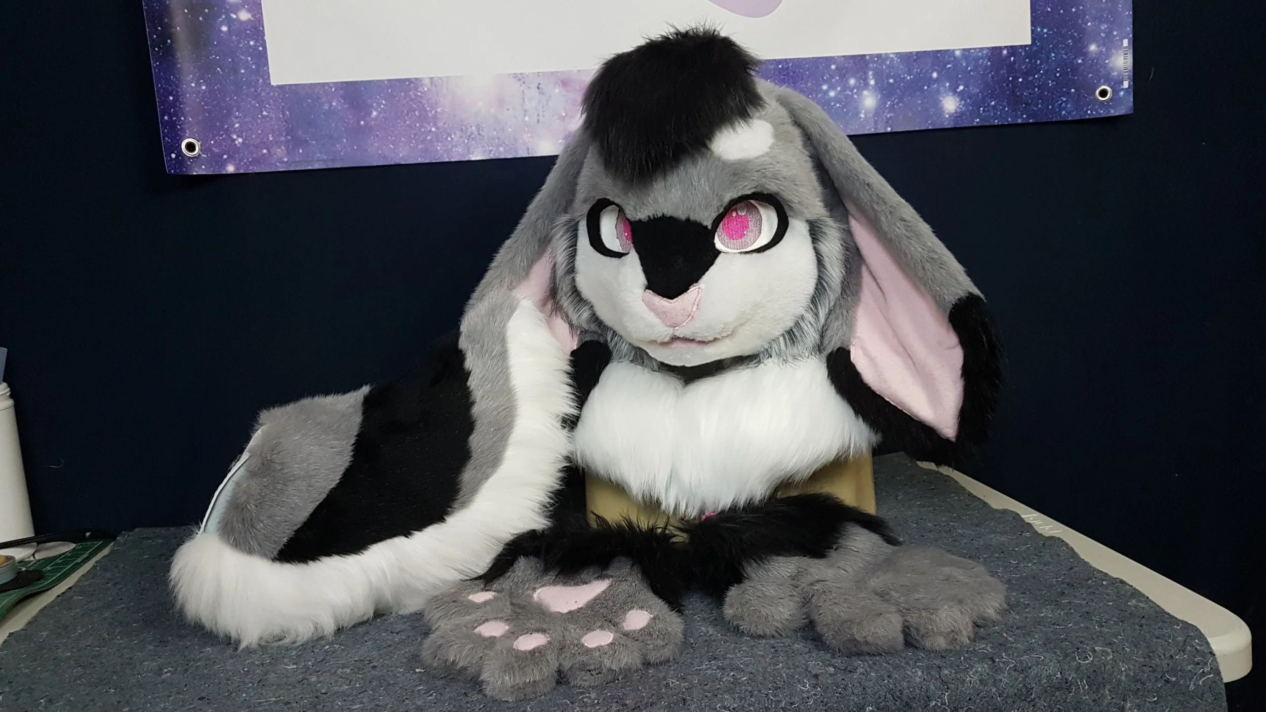 A fursuit partial of a lop-eared rabbit with grey and white fur with Black hair and markings on wrists and tail.
