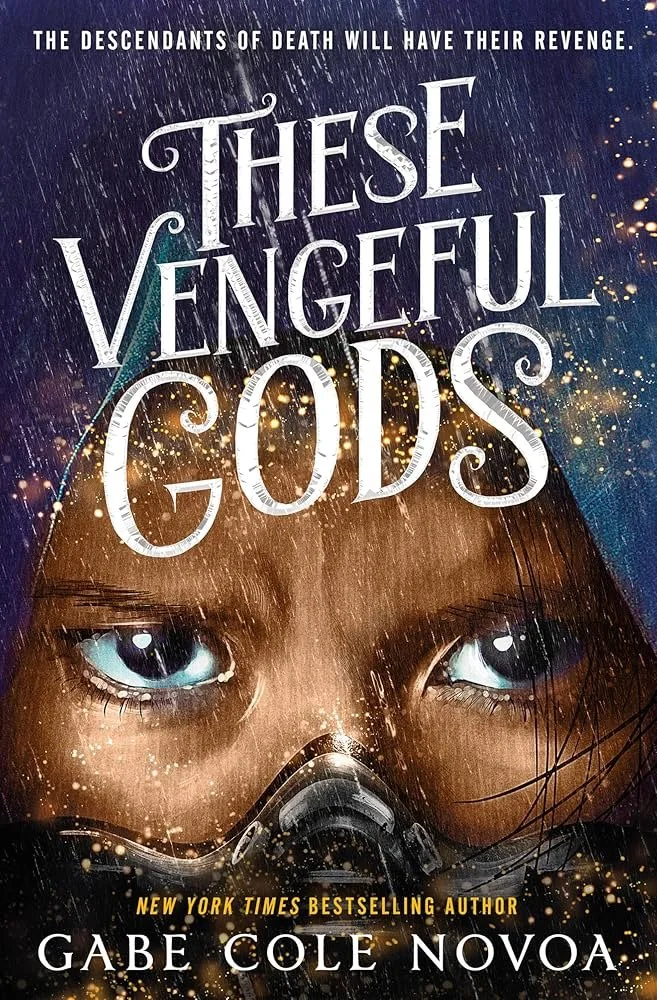 A book cover with an illustration of a person with brown skin and brown eyes staring straight at the viewer with their nose and mouth covered with some kind of metal mask. A dark blue hood covers their head with white cursive text on top.