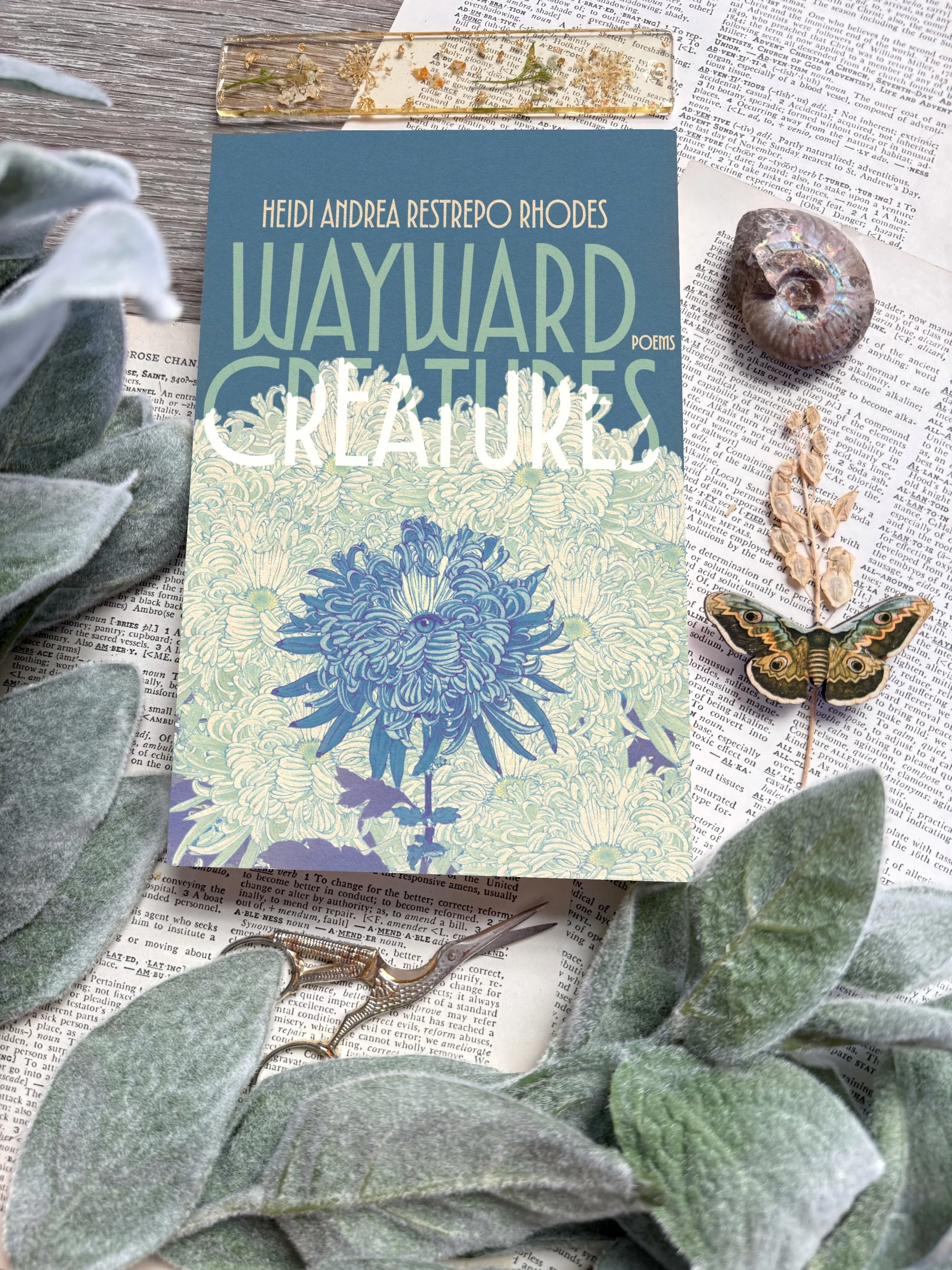 a light green and blue book cover with an illustration of a human eye in the center of a blue flower.