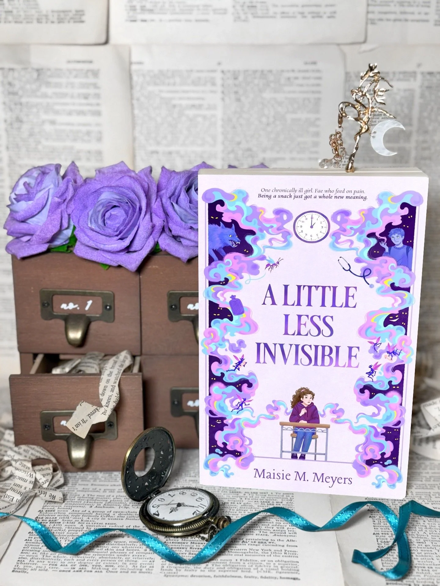 a light purple book with an illustration of a brown haired teen girl sitting at a desk with swirls of pink, purple, and blue smoke with lurking shadow monsters with yellow eyes in the background.