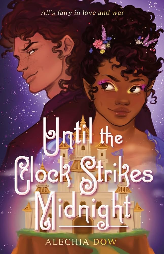A purple book cover with an illustration of two Black teens with pointed ears with white text reading "Until the Clock Strikes Midnight."