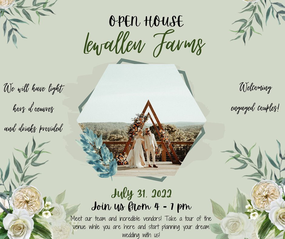 Hey girl! Do you have a new piece of jewelry on your left ring finger??! Then we are inviting you to our Open House event on Sunday, July 31st from 4-7 pm. Please find the link in our bio to secure your ticket today! 

#lewallenfarmsopenhouse #weddin