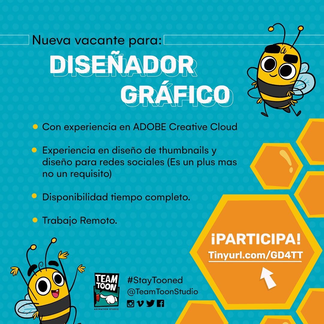 &iexcl;En el estudio buscamos dise&ntilde;adores gr&aacute;ficos! 🎊 🐝 

Que cuenten con experiencia en herramientas ADOBE y disponibilidad tiempo completo.

Haber trabajado con dise&ntilde;o de thumbnails y dise&ntilde;o para redes sociales es un p