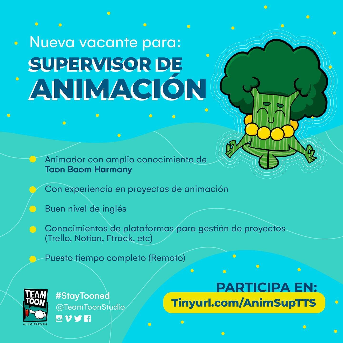 Buscamos Supervisor de Animaci&oacute;n!

&iquest;Tienes experiencia en cargos afines, y buscas nuevos retos?
Puedes hacer parte de nuestro equipo.

Aplica en este enlace tinyurl.com/AnimSupTTS

Si conoces a quien le pueda interesar, comp&aacute;rtel