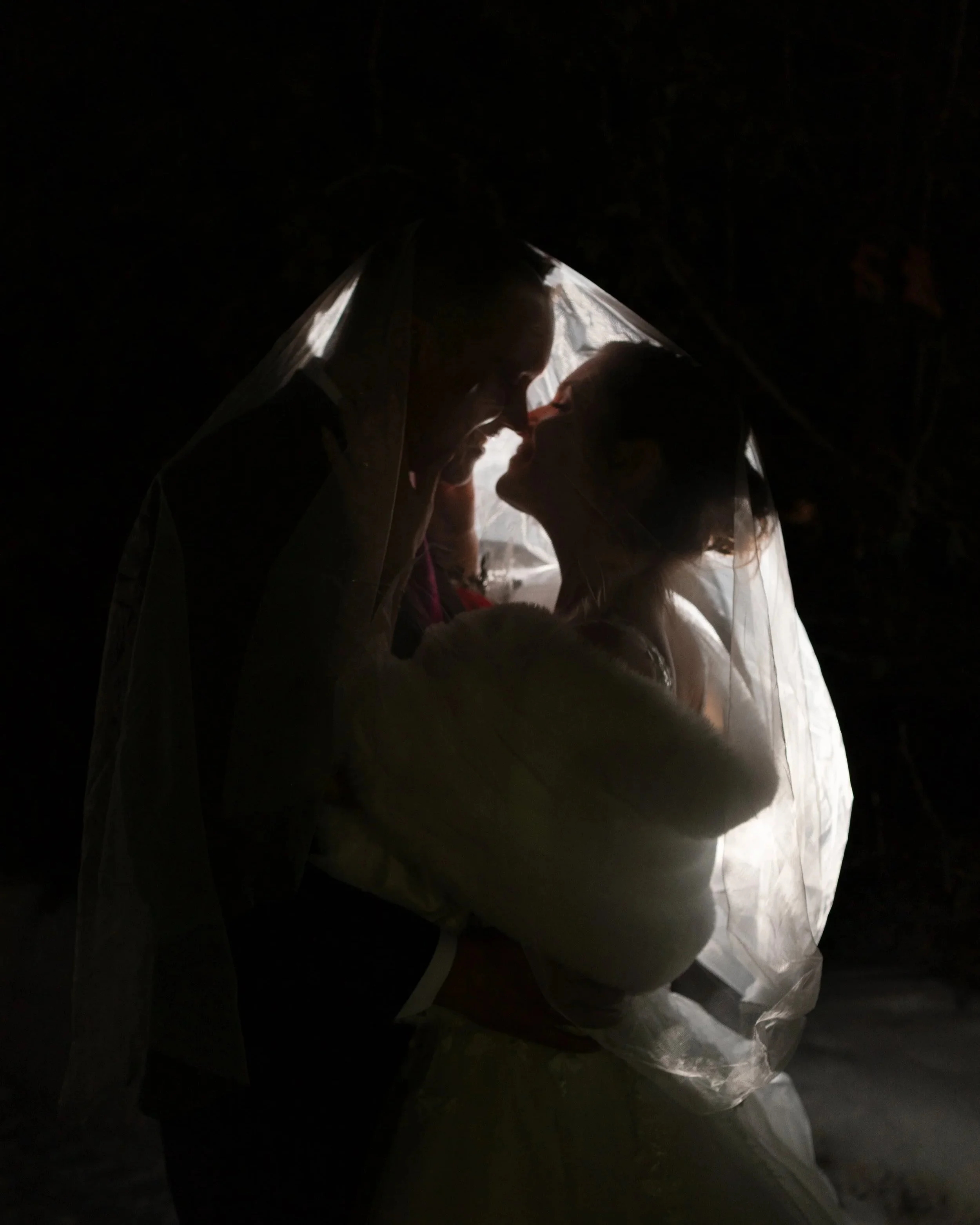 A romantic couple, dressed in wedding attire, sharing a kiss in the dark under the veil.