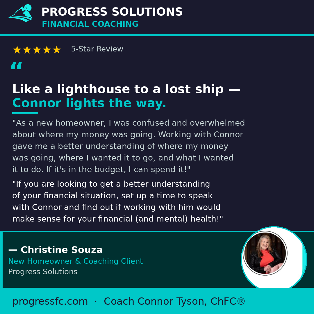 Testimonial card with quote about managing personal finances, featuring five blue stars, a circular photo of a smiling woman in a red top and black jacket, and text emphasizing the importance of understanding where money is going for financial health.