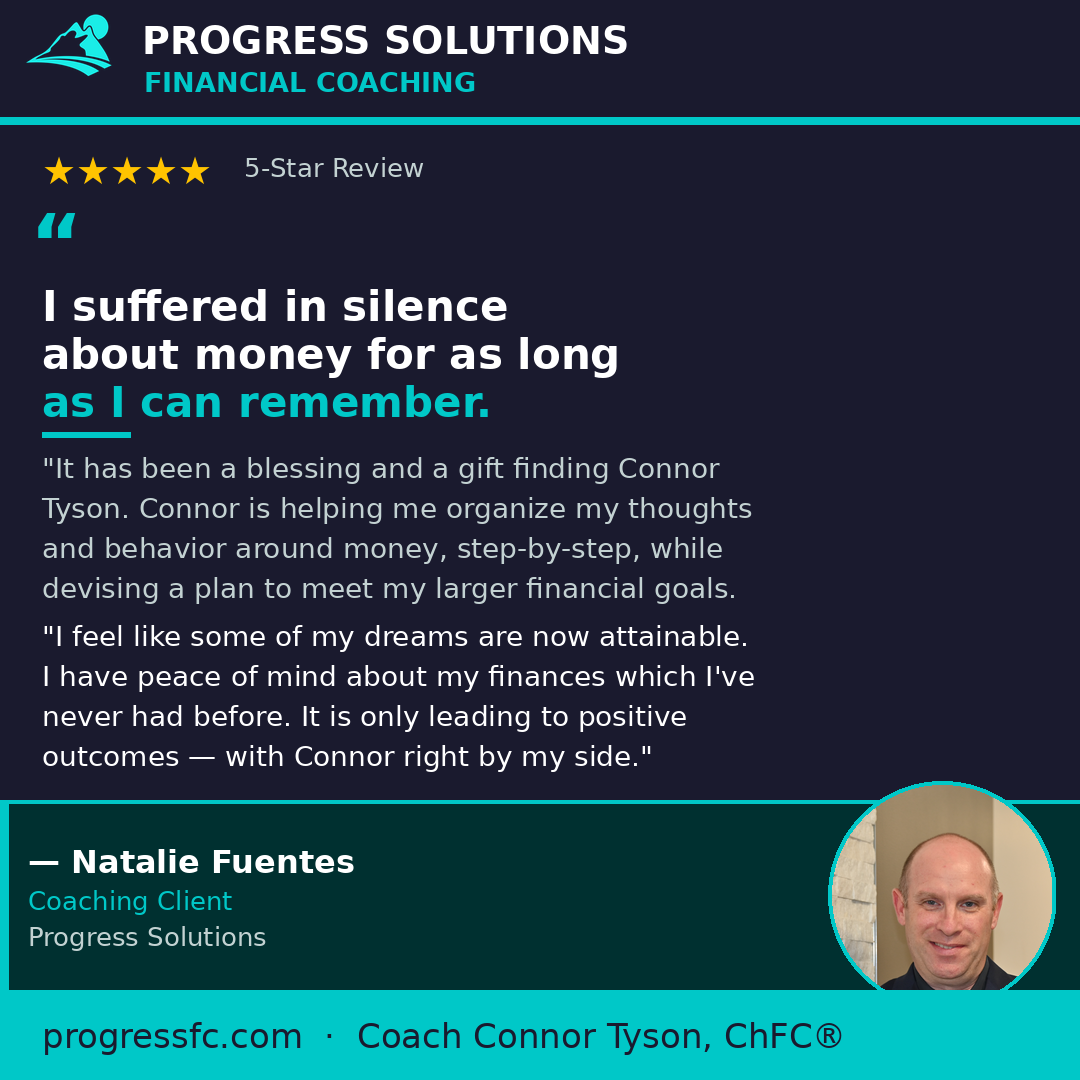 A testimonial quote from Natalie Fuentes, a coaching client, praising Connor Tyson for his help with money coaching. The quote highlights her relief and progress in finances, accompanied by a photo of Connor Tyson in a circular frame and five stars at the bottom.