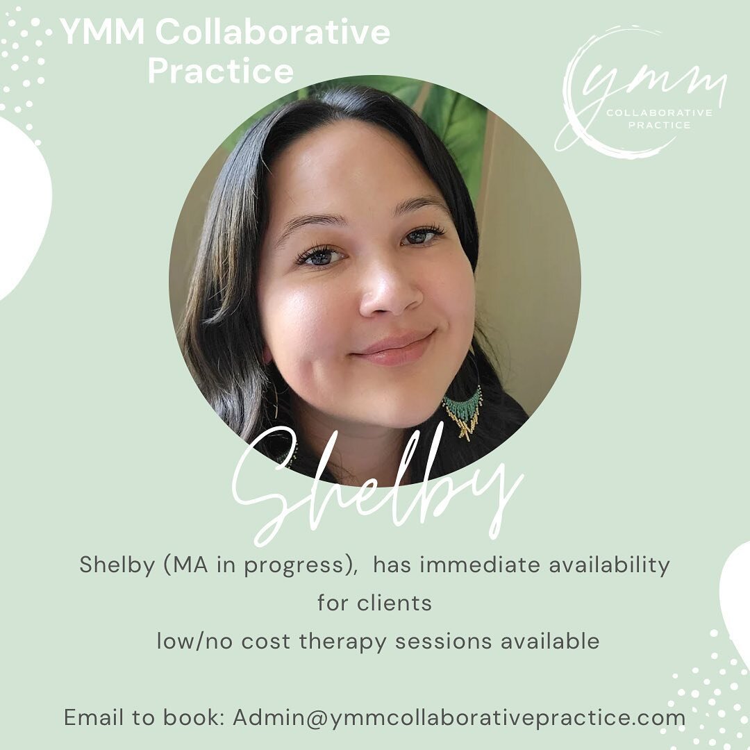 Shelby (MA in progress) has immediate availability for new clients. Shelby offers low/no cost therapy and counselling services.
To learn more check out our website, or email admin@ymmcollaborativepractice.com to book an appointment 

#mentalhealth #a