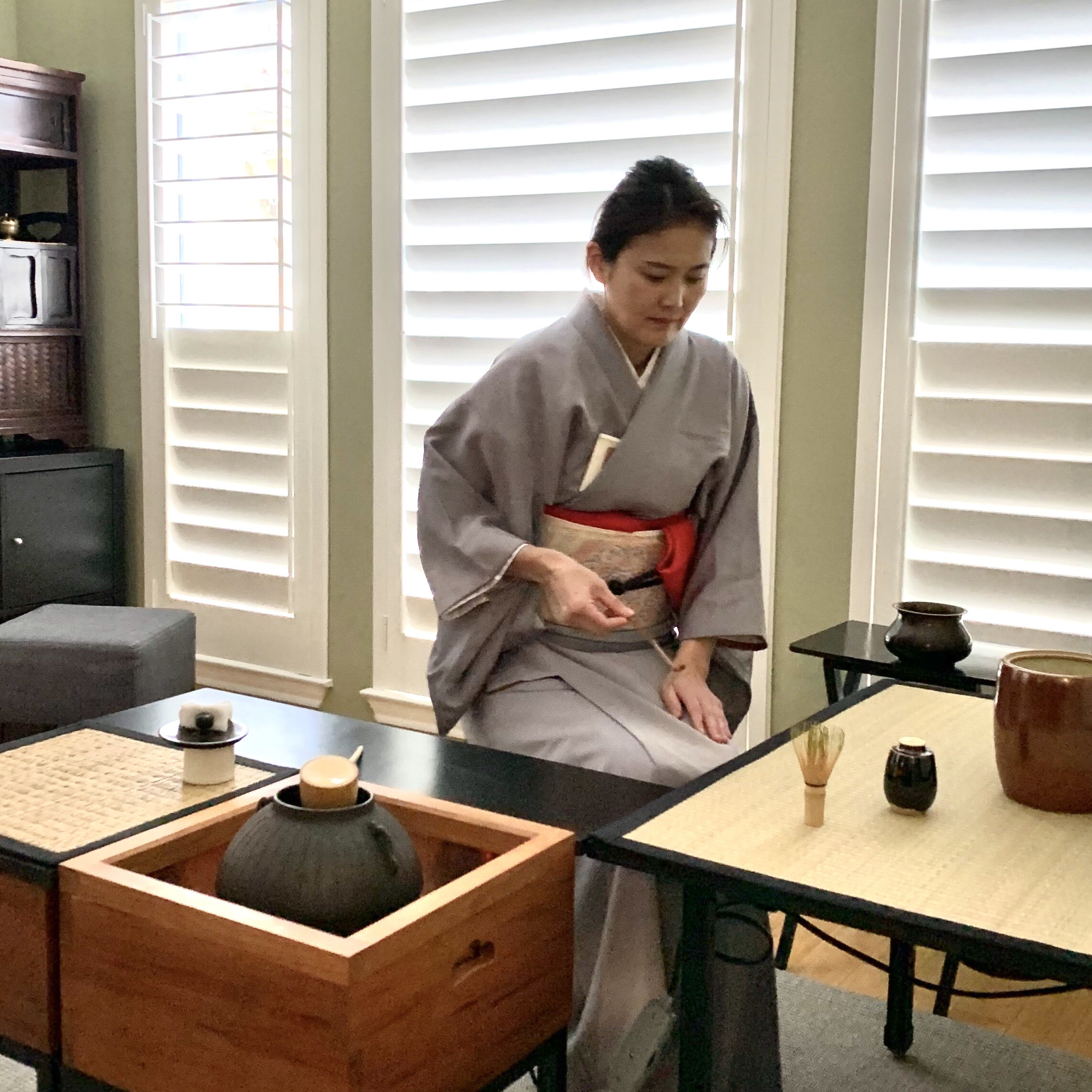 Ryurei tea table with a winter hearth.
