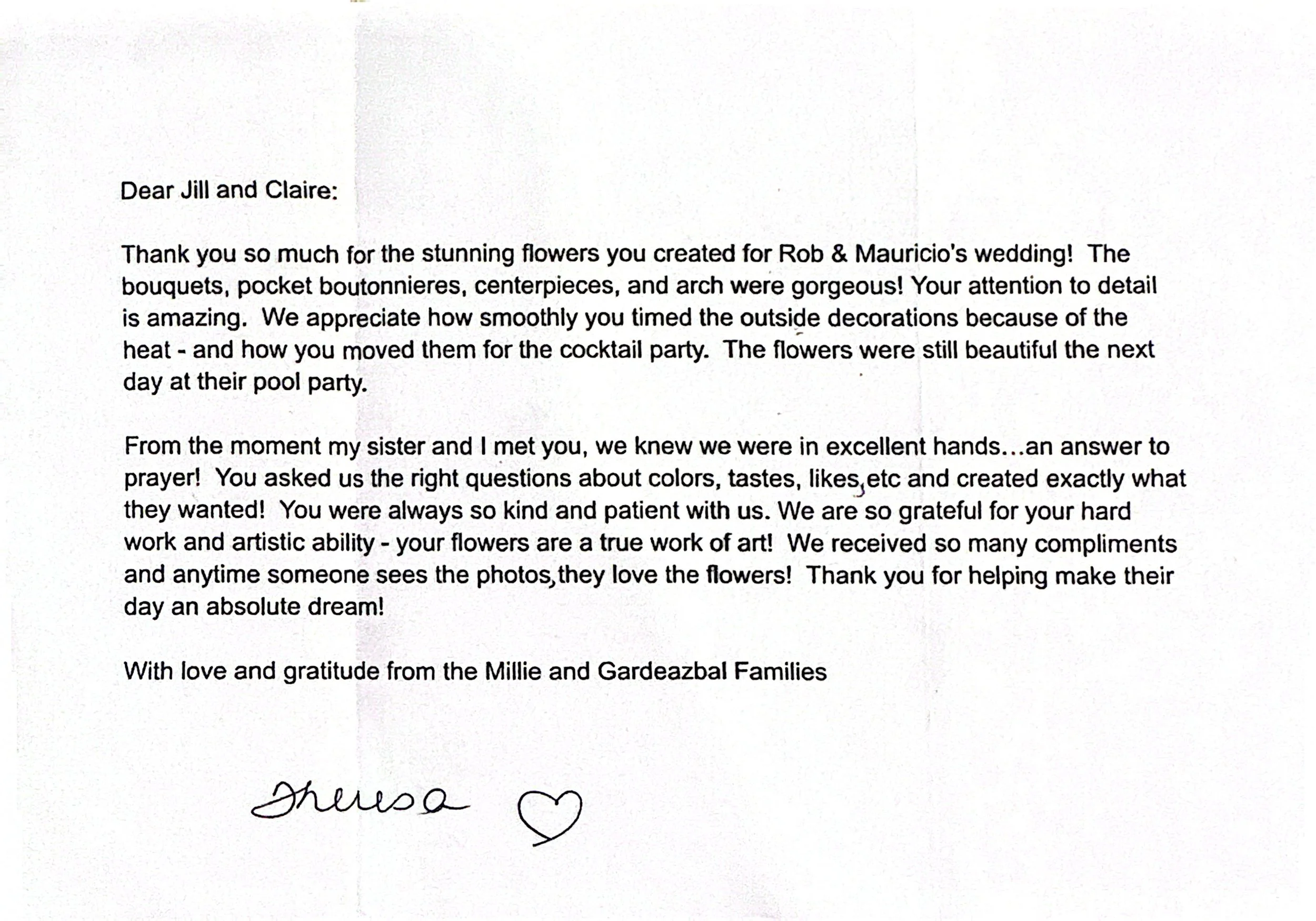 A letter addressed to Jill and Claire, expressing gratitude for flowers created for a wedding and describing appreciation for their attention to detail and artistic ability, signed by someone named Melissa with a heart symbol.