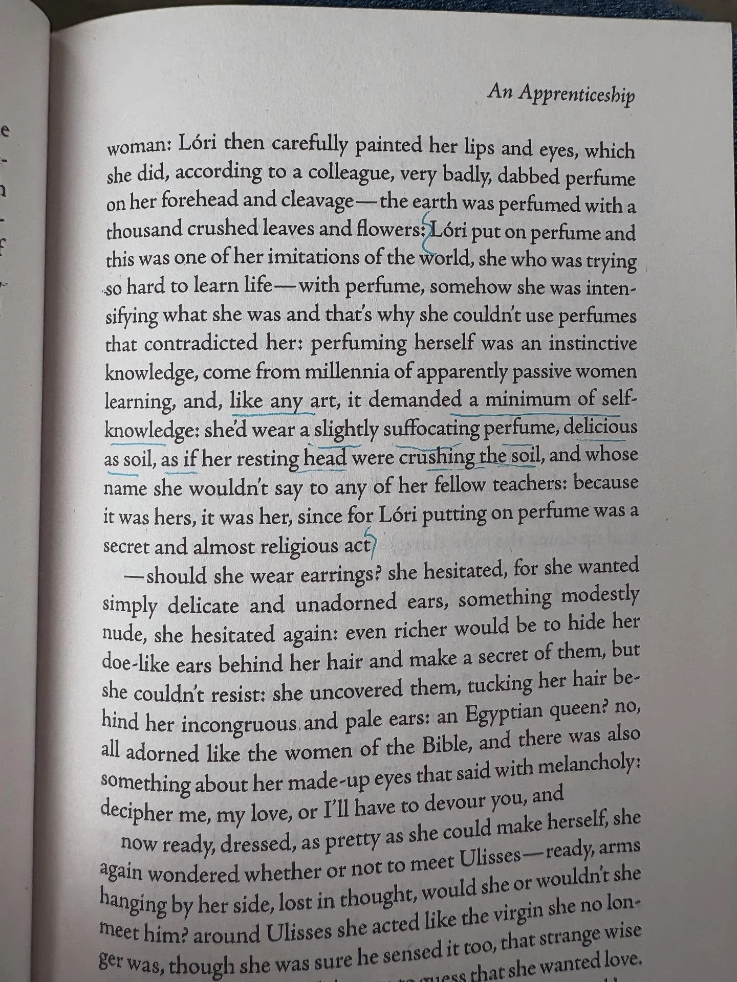 An Apprenticeship or The Book of Pleasures by Clarice Lispector. First published in Portuguese in 1969.

&lsquo;L&oacute;ri put on perfume and this was one of her imitations of the world, she who was trying so hard to learn life&mdash; with perfume, 