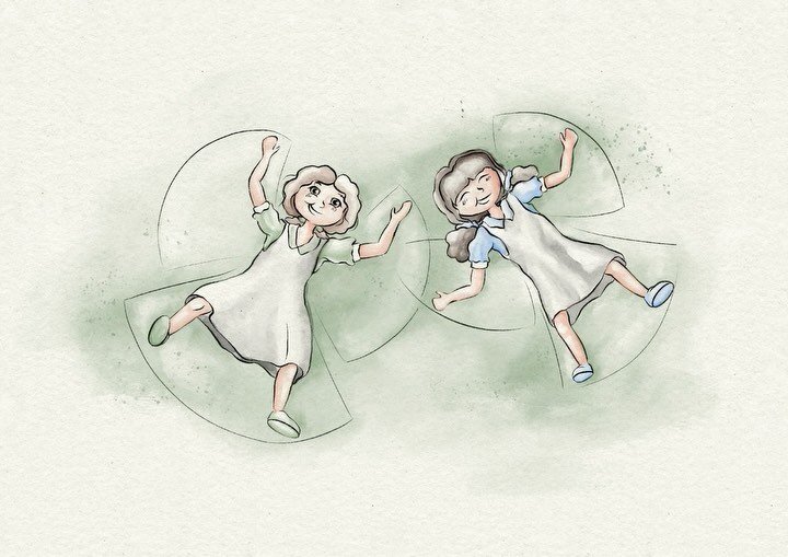 My favourite drawing from my lil children&rsquo;s book I&rsquo;ve been working on for my &lsquo;Visual Narrative&rsquo; course at UON! &lsquo;The Scott Sisters&rsquo; Harriet and Helena Scott!! Swipe for the image!! Making &lsquo;grass angels&rsquo; 