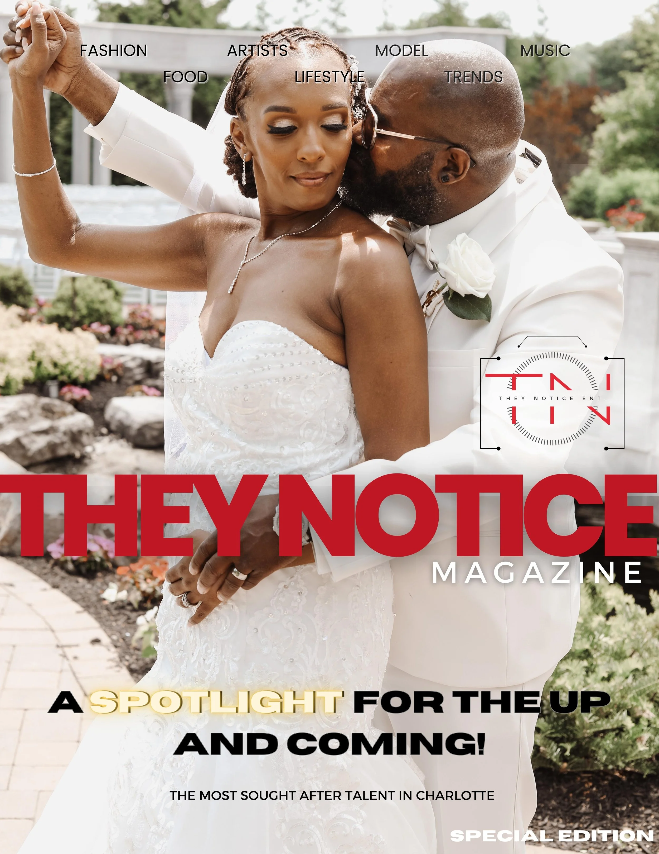 A magazine cover featuring a bride and groom during their wedding, with the bride wearing a white strapless wedding gown and the groom in a white suit. The background shows outdoor greenery and flowers.