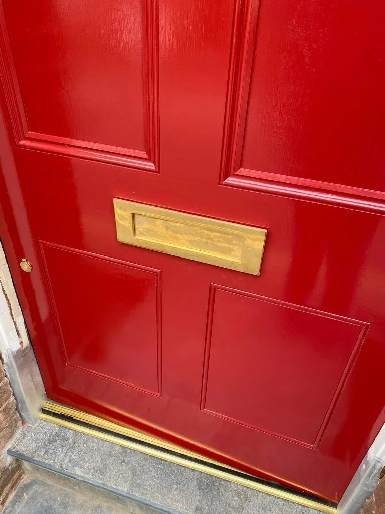 custom made hand painted red front door, brass fittings