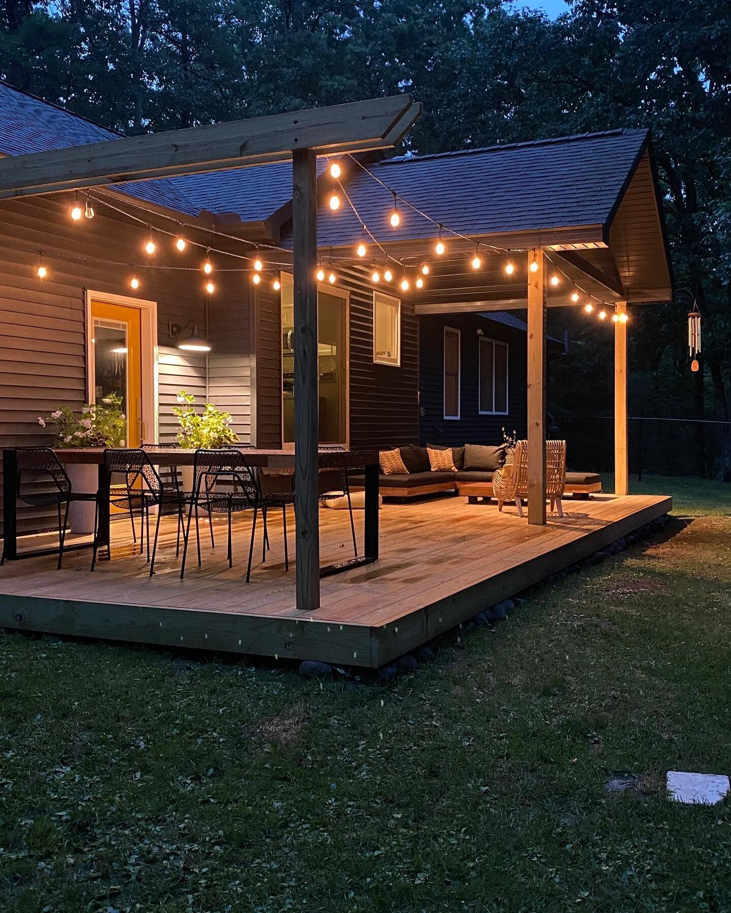 We are thrilled with the new rear deck, complete with lounge area, spacious dining for 6 - partially covered and magically lit! #catskillcompasshouse #catskillnights