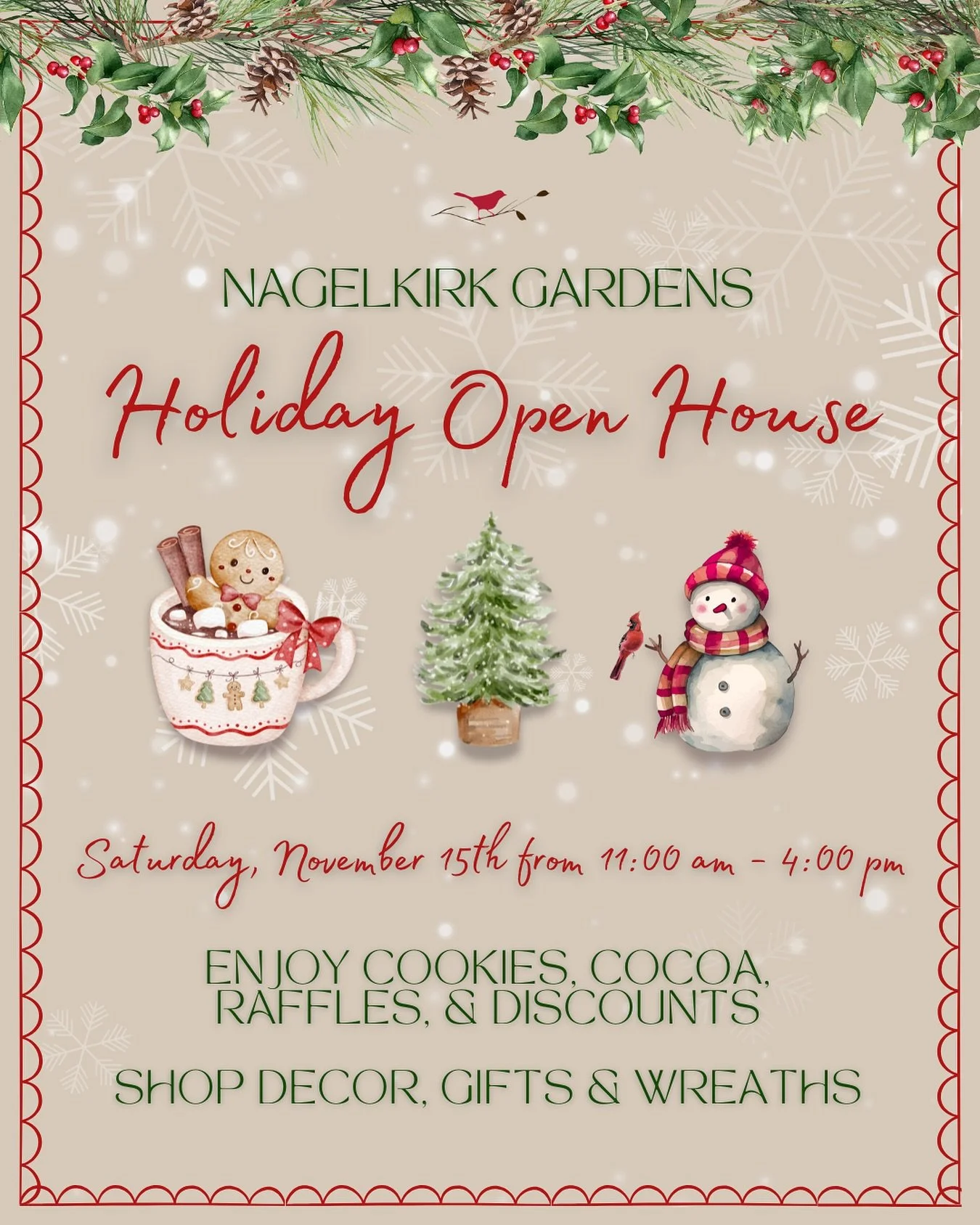 It&rsquo;s almost here! Our Annual Holiday Open House! 
Join us Saturday, November 15th from 11-4. 🎅🏼 
You can expect&hellip;
🎟️ raffles 
💸 discounts
🍪 cookies &amp; cocoa
🎄Christmas trees &amp; wreaths

Come kick off the holiday season with us