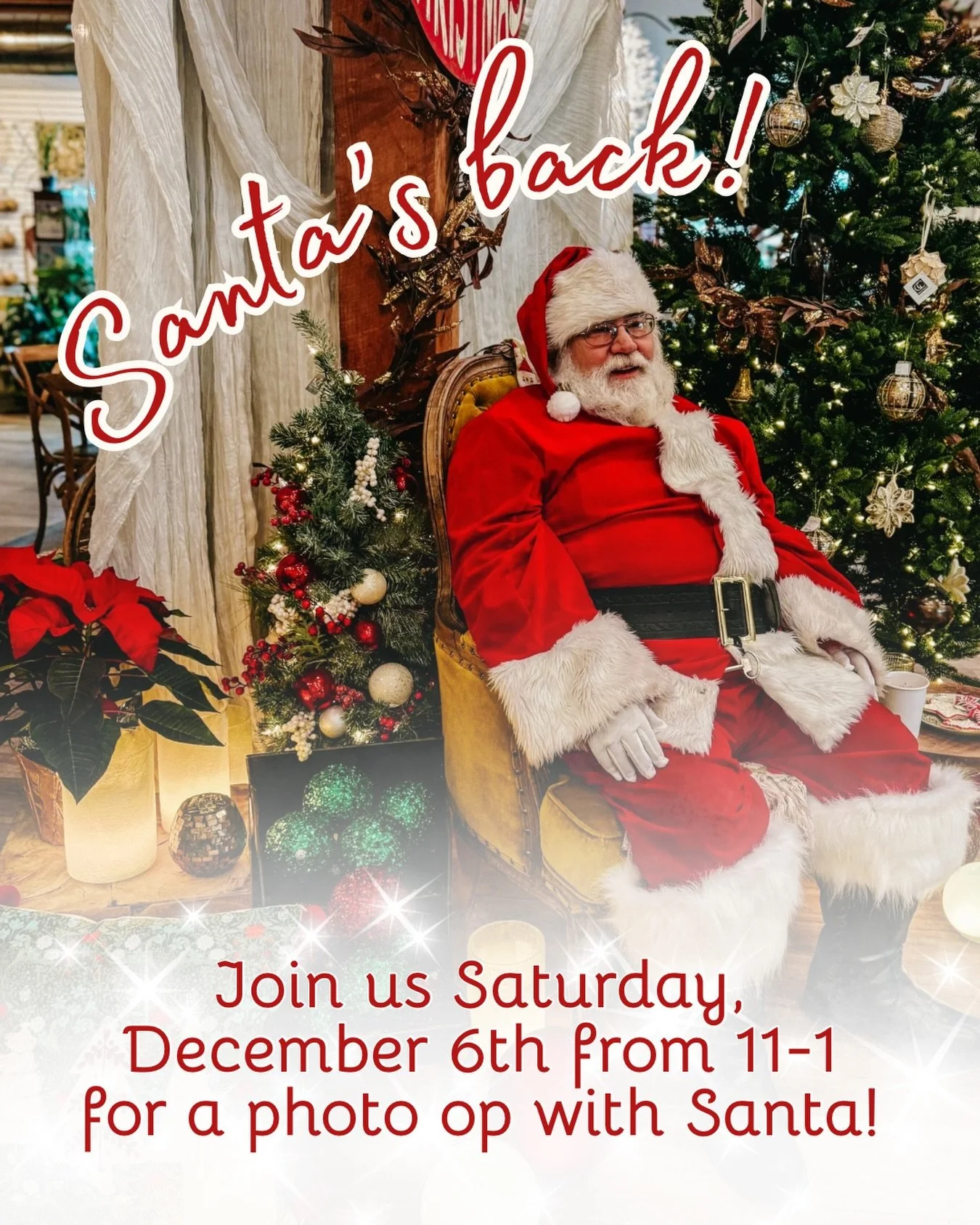 Join us Saturday, December 6th from 11-1 for a photo op with Santa! 🎅🏼 

Please note - there will not be a professional photographer present! You are welcome to snap your own photos! 📷 

We look forward to seeing you! 🎄