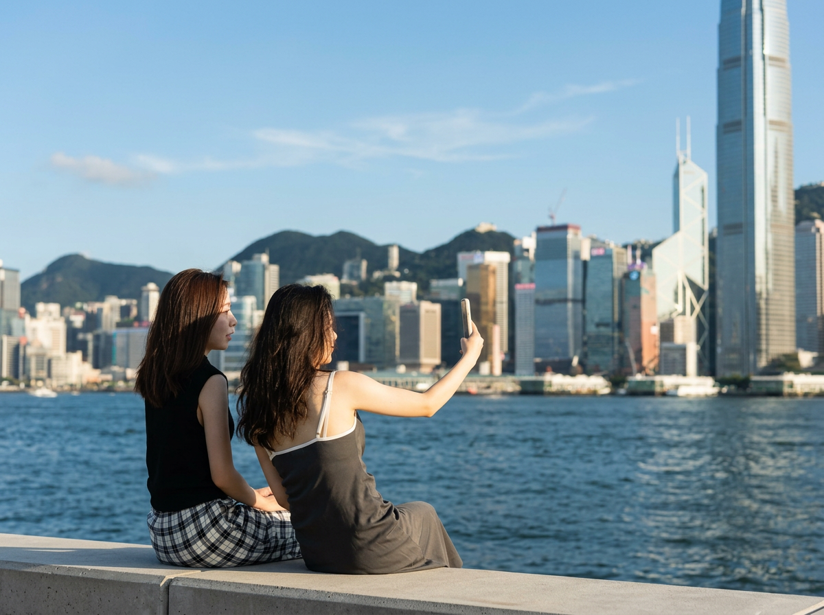 Young consumers taking a mobile selfie against the Hong Kong Victoria Harbour skyline, highlighting user-generated content and social engagement.