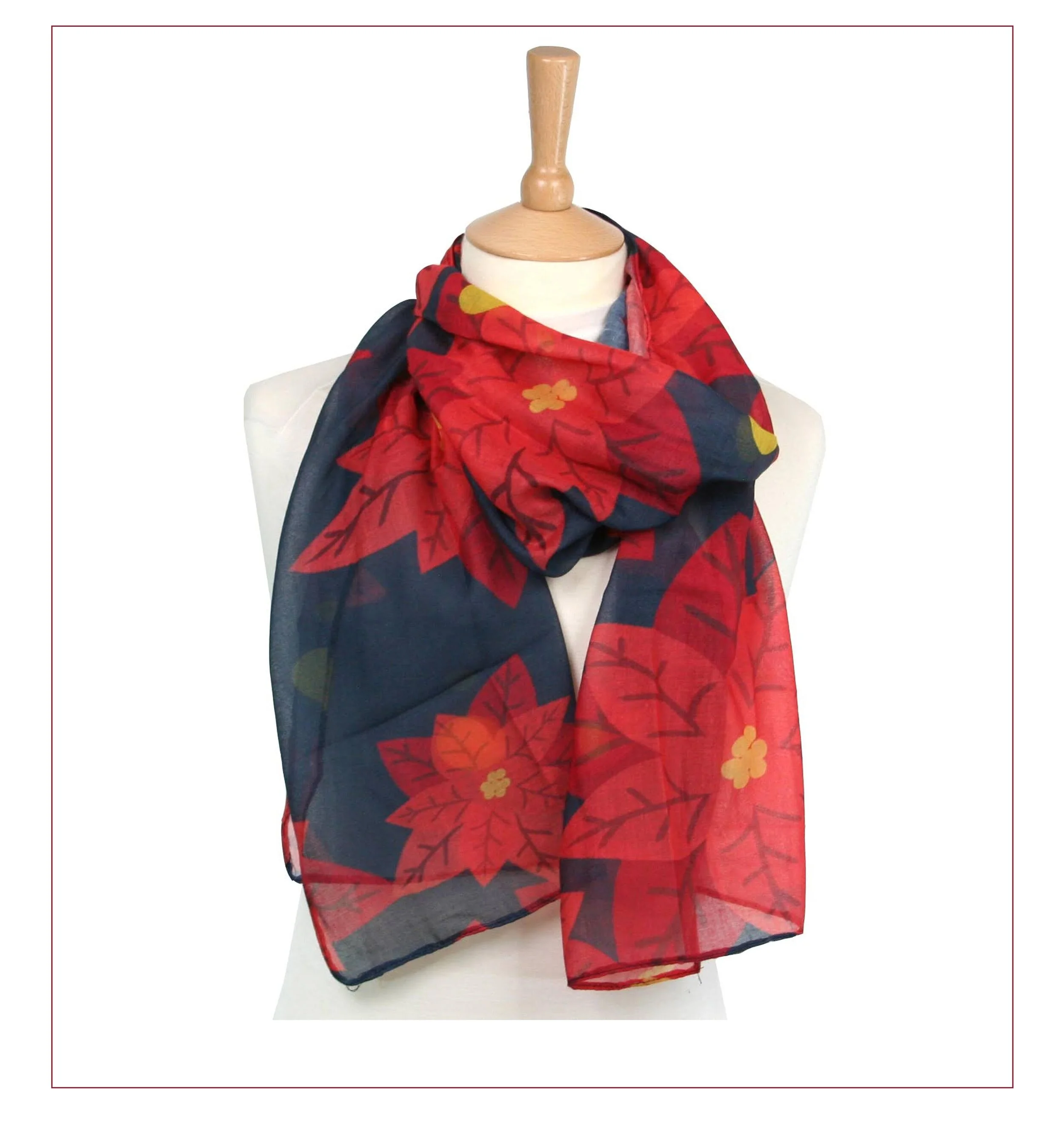 Black Ginger Scarf Giraffe - Navy and Red Poinsettia Flower Detail