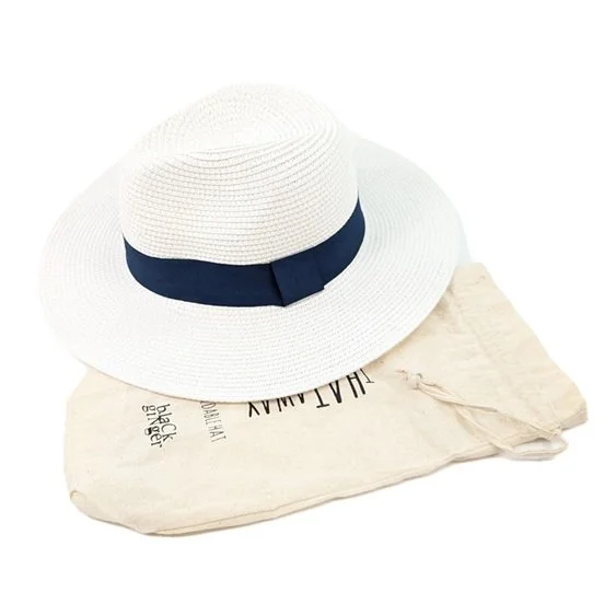 Black Ginger Panama White Navy Band Summer Hat Foldable Roll Up Travel Bag Hols 601-314 (3).jpg