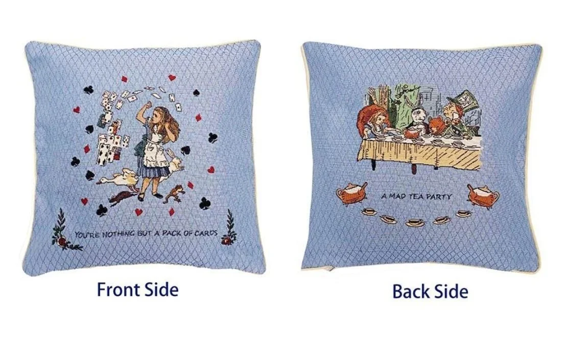 Signare Alice In Wonderland Tea Party Blue Square Throw Cushion Cover Inner PadCCOVW-AIW-TEA (1) Nothing But Cards.jpg