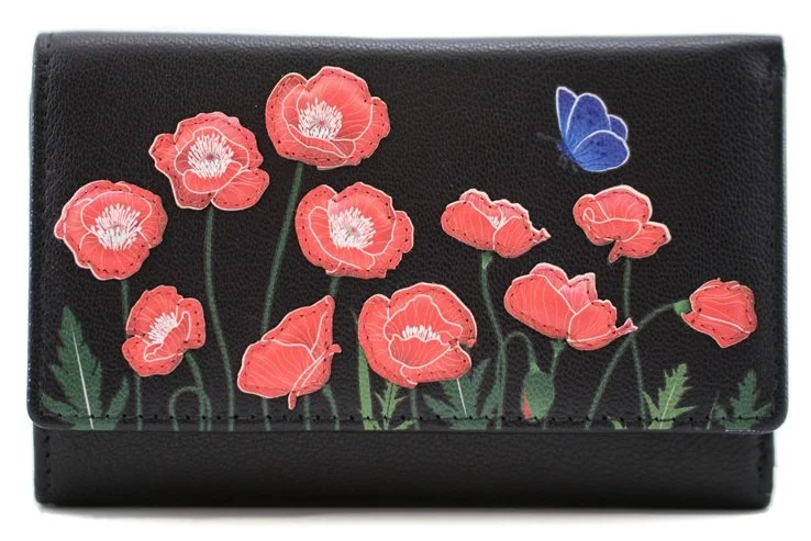 Mala Leather Poppy Black Red Flower TriFold Large Purse RFID Protection Dust Bag 366925Fronta (1).jpg