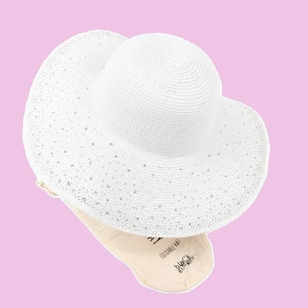 Black Ginger Summer Hat Foldable Wide Brim Diamante Roll Up Travel Bag Holiday White 57cm 601-349 (2).jpg