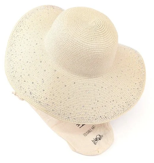 Black Ginger Summer Hat Foldable Wide Brim Diamante Roll Up Travel Bag Holiday Beige Natural 57cm 601-348 (3).jpg
