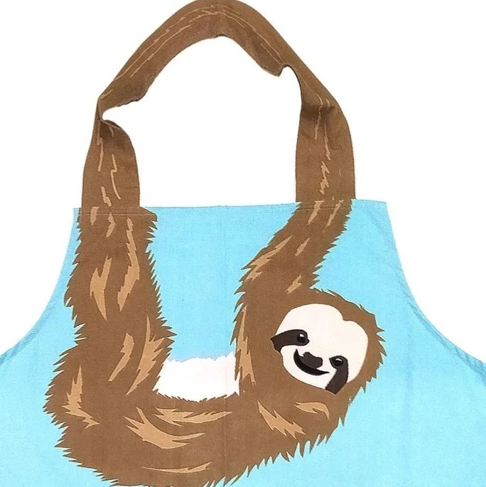 Sloth Apron Adult Kitchen Shared Earth Cotton Animal Blue Screen Print Tie Waist ASP2157 (10).jpg