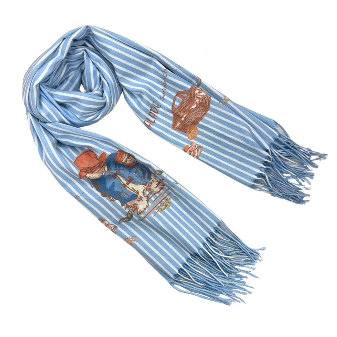 Signare Paddington Pashmina Scarf Marmalade Art Blue Stripe 200 x 70cm Fringe SC-PASH-ART-PADD-CMM-1 (1)a.jpg