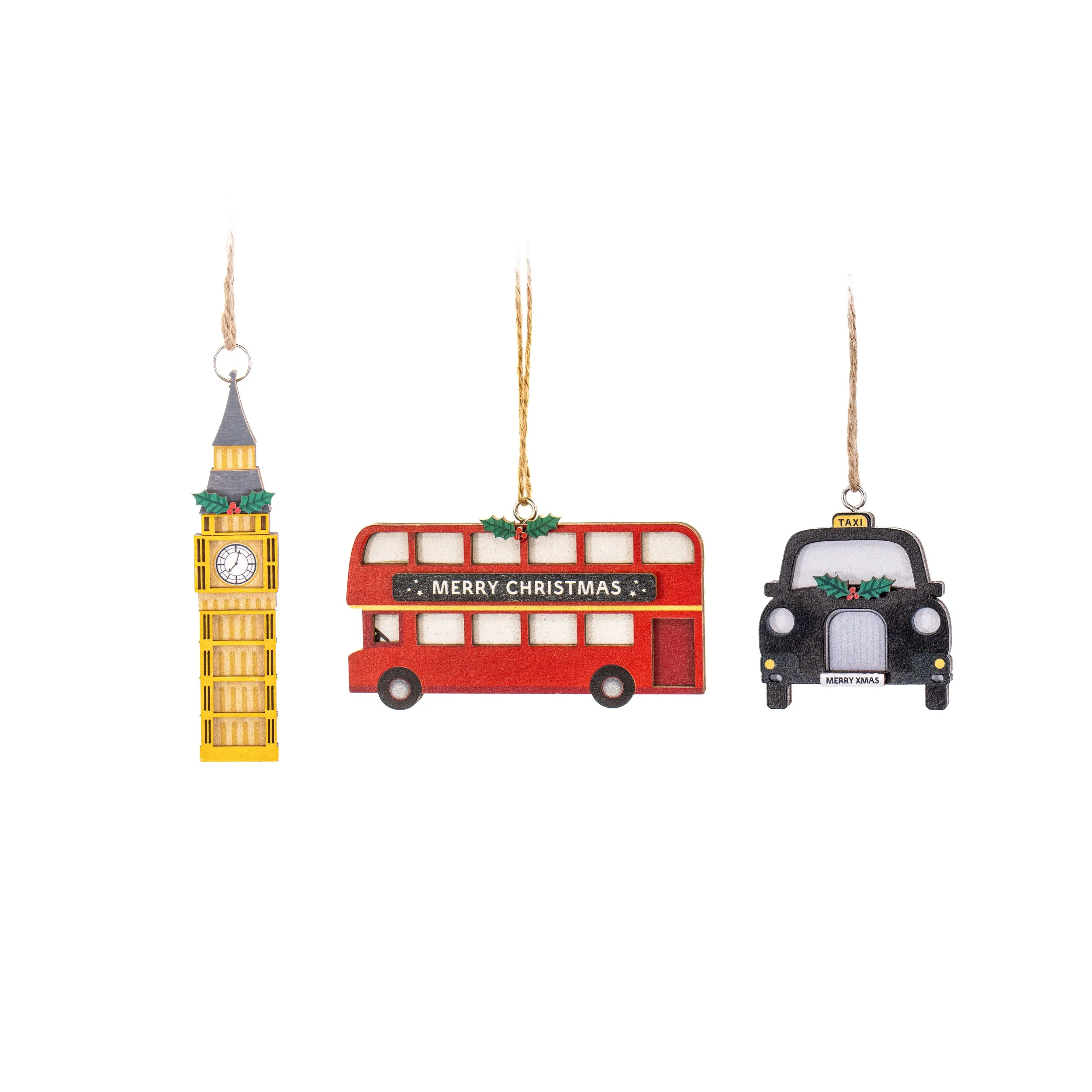 Sass & Belle London Bus Taxi Big Ben Flat Wooden Tree Hanging Decoration Set 3 HEARTXM063 (1).jpg