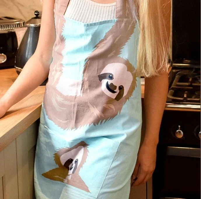 Sloth Apron Adult Kitchen Shared Earth Cotton Animal Blue Screen Print Tie Waist ASP2157 (11).jpg