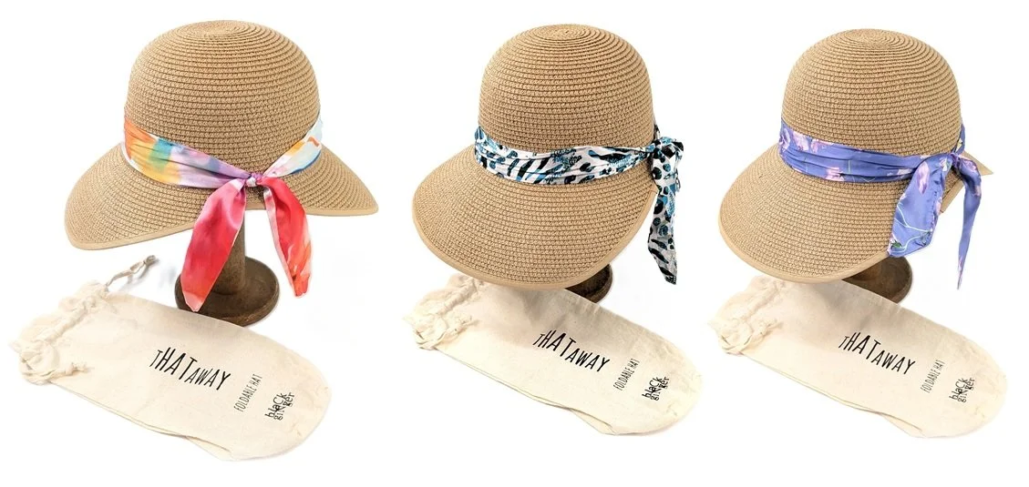 Black Ginger Open Back Foldable Hat  + Travel Bag - Multicoloured Scarf