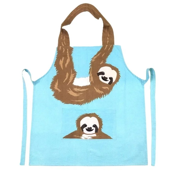 Sloth Apron Adult Kitchen Shared Earth Cotton Animal Blue Screen Print Tie Waist ASP2157 (1).jpg