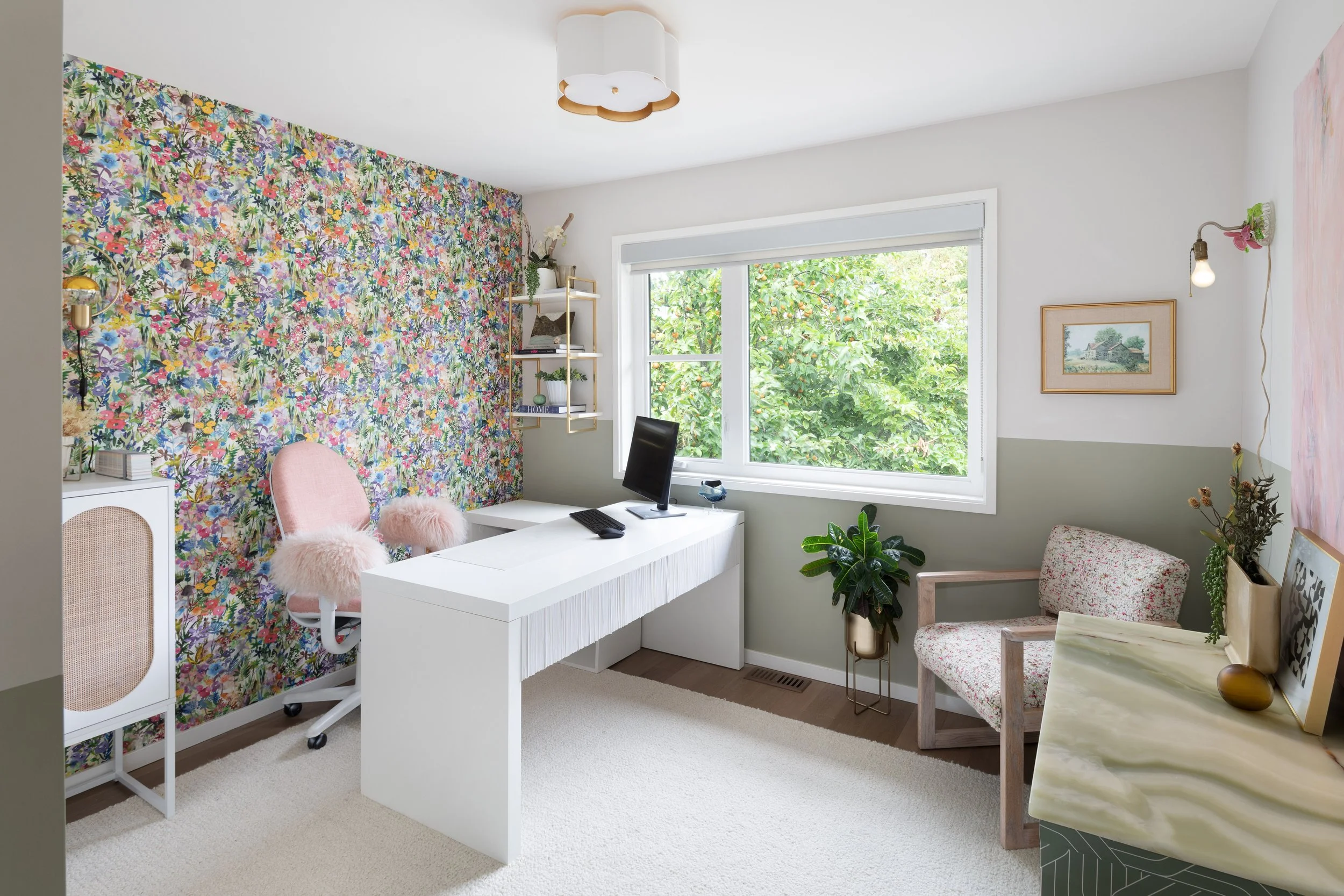 Feminine Home Office Update with Flower Wallpaper and Sage Green Painted Walls.