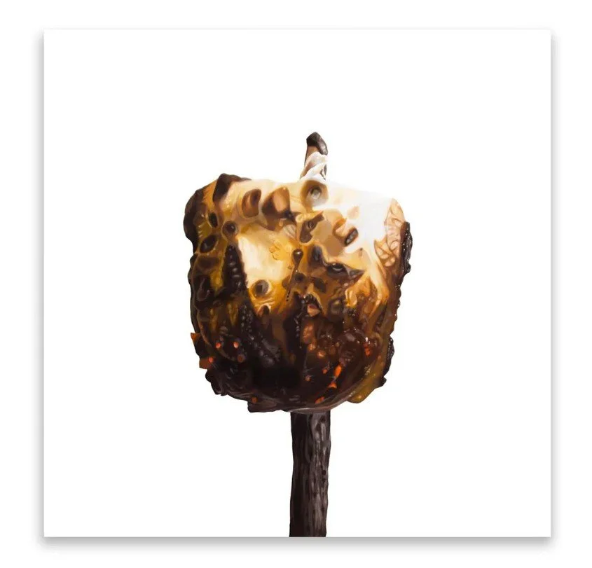 A fun, pop-art piece by Canada's Erin Rothstein, Marshmallow II, hangs on the new knotty pine cabin wall, injecting some modern whimsy into the rustic chic cabin.