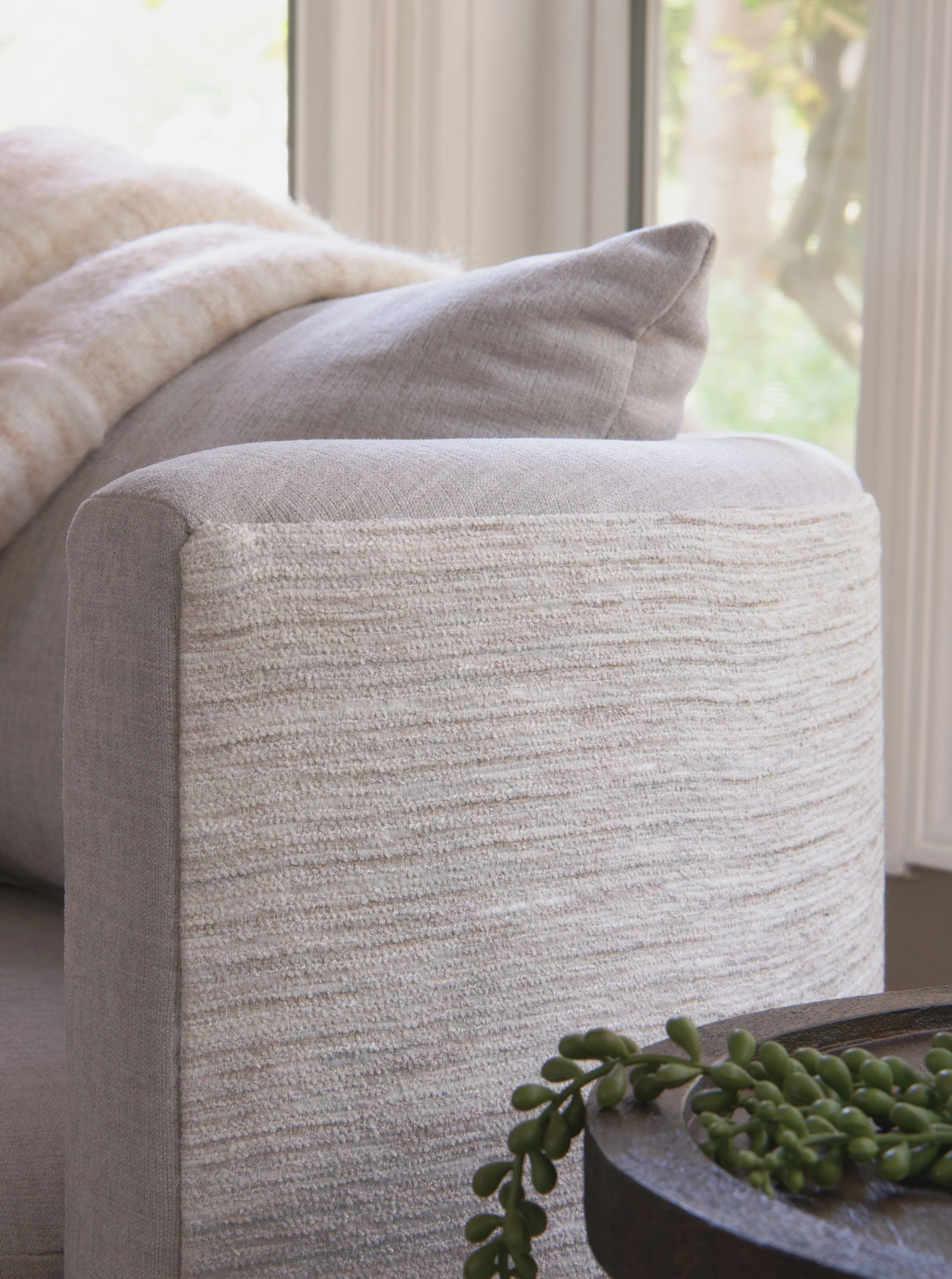 Van Gogh Olive Swivel Chair customized with a striped back on the back; and a solid light grey color on the main body..