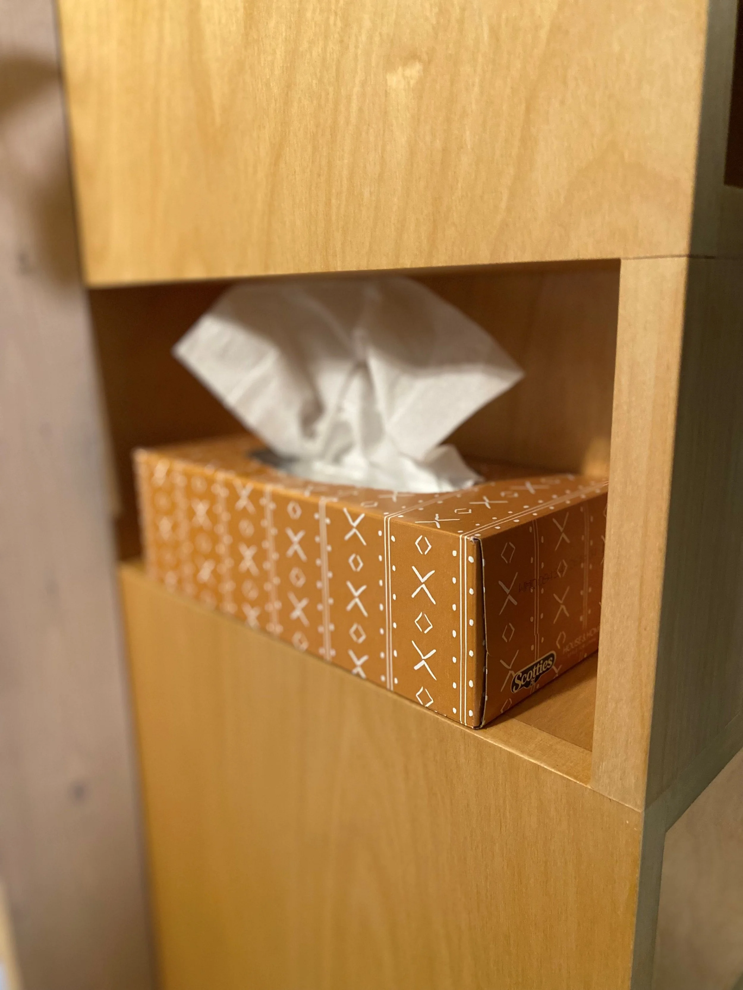 Custom designed and built solid birch open shelf cabinet. The side of the cabinet has only one open shelf and it perfectly fits a tissue kleenex box. There is no space to spare. Designed to fit in a small space. Tall narrow cabinet behind a door.
