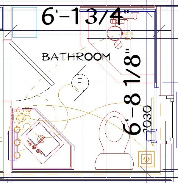 A 2D space plan of a small 6' x 7' bathroom. It includes 4 pieces namely a corner vanity, a compost toilet, a corner shower across from the corner vanity and lastly a tall narrow cupboard that sits behind the door. Small space planning for a bathroom
