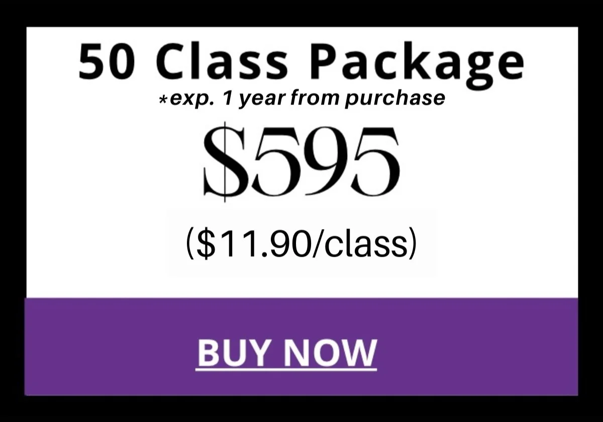 Advertisement for a 50 class package priced at $595 with an expiration date of one year from purchase. Cost per class is $11.90. Contains a purple 'BUY NOW' button at the bottom.