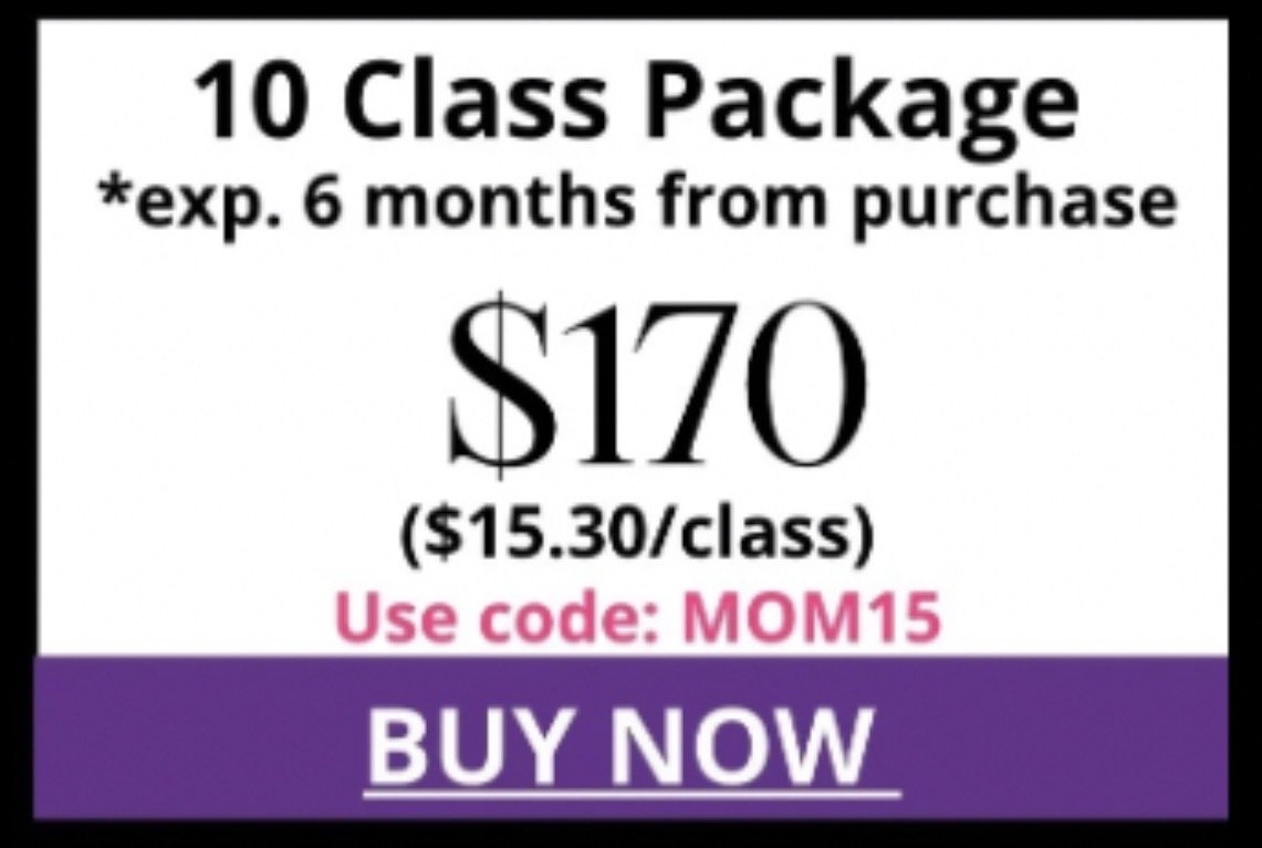 Advertisement for a 10 class package, priced at $170 with a 6-month expiration from purchase, with a promotional code MOM15 and a buy now button.