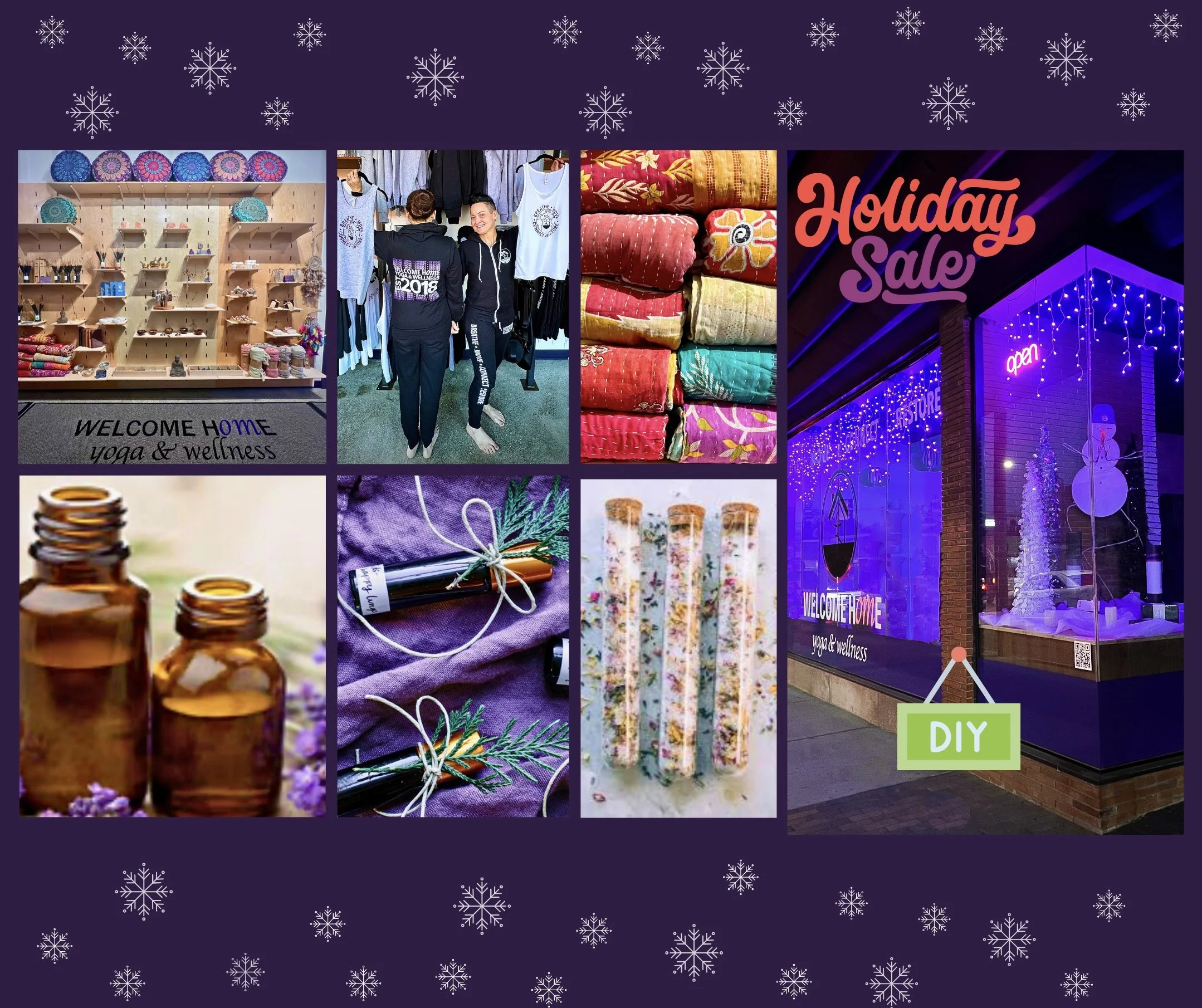 A collage of six images showing a holiday sale store with outdoor display, clothing, fabric, candles, essential oils, reed diffusers, and a storefront decorated with holiday lights.