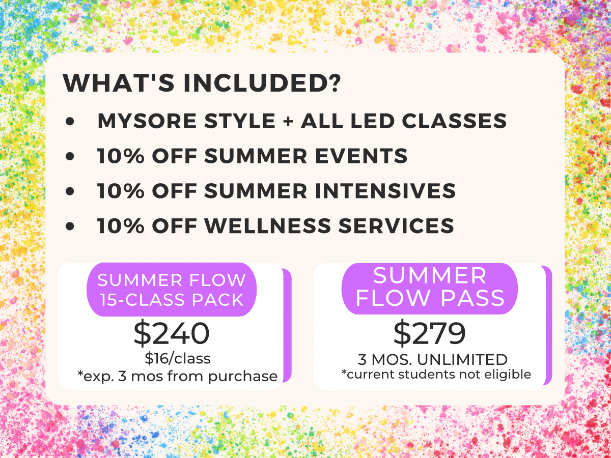 Colorful splash background with a white overlay featuring text about summer classes and passes, including prices and discounts.
