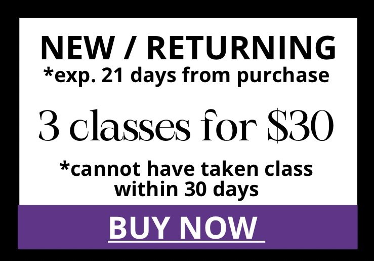 A promotional sign for a fitness class offering three classes for $30, with conditions about purchase timing and class attendance.