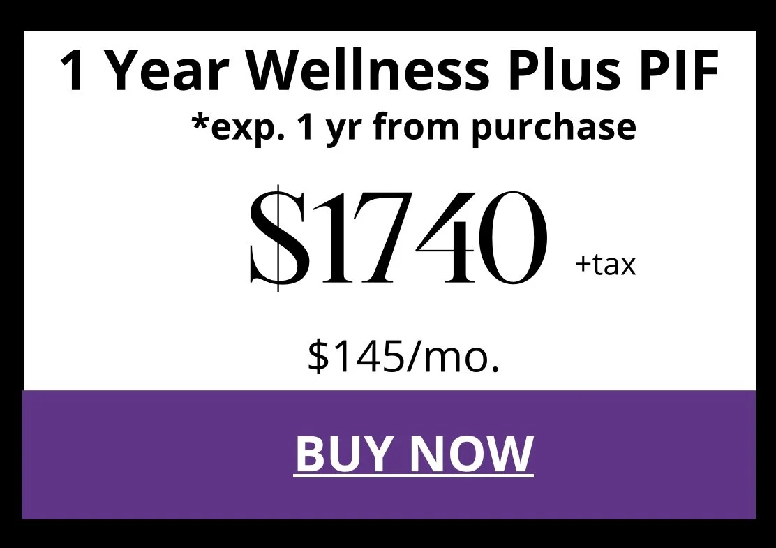 A promotional advertisement for a health insurance plan called '1 Year Wellness Plus PIF,' offering a price of $1740 plus tax, with a monthly payment of $145, and a note that the plan expires 1 year from purchase. There is a purple button at the bottom with the text 'BUY NOW' in white, underlined.