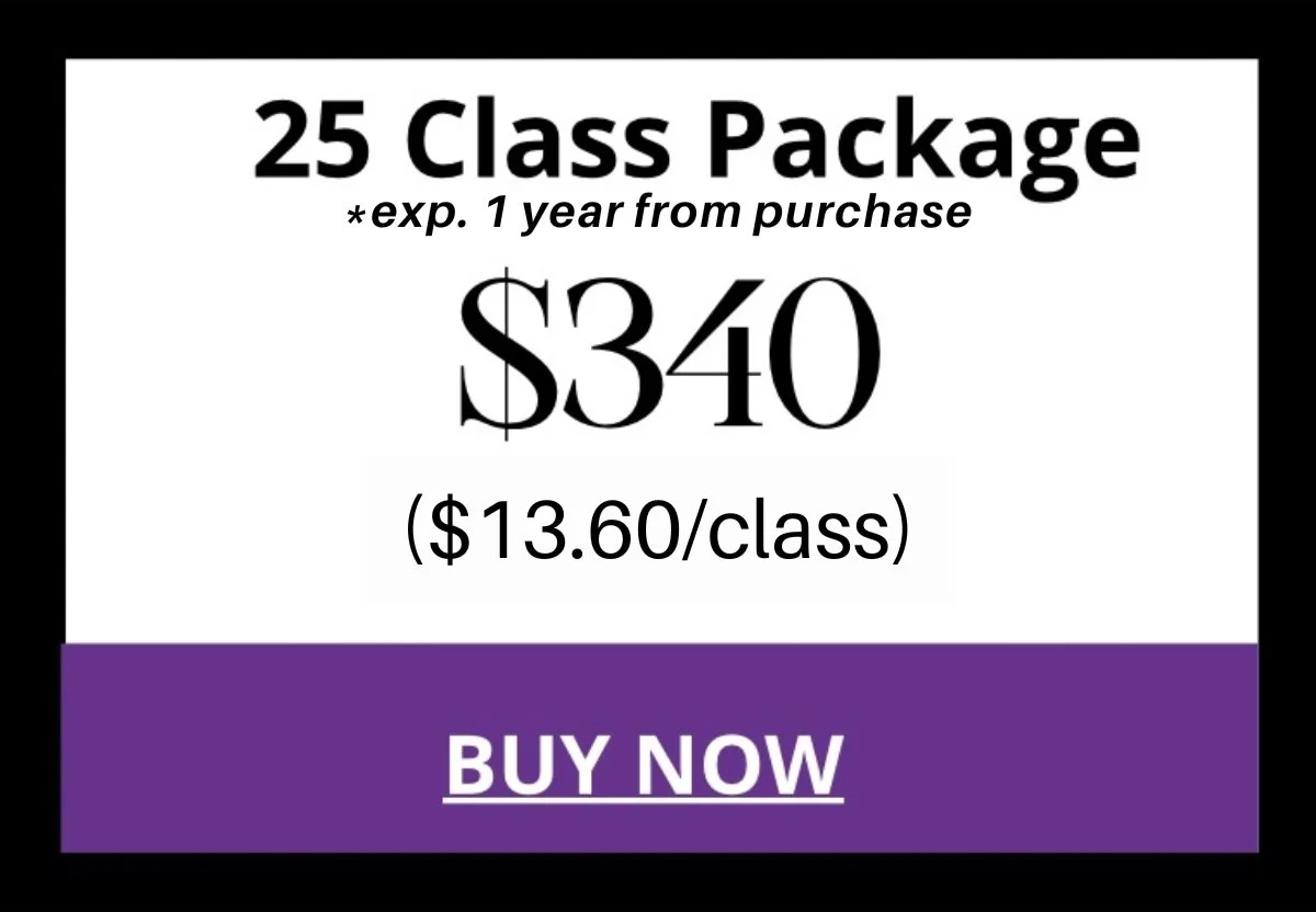 Advertisement for a 25 class package priced at $340, with an expiration of one year from purchase, and a suggested $13.60 per class. Purple 'Buy Now' button at the bottom.