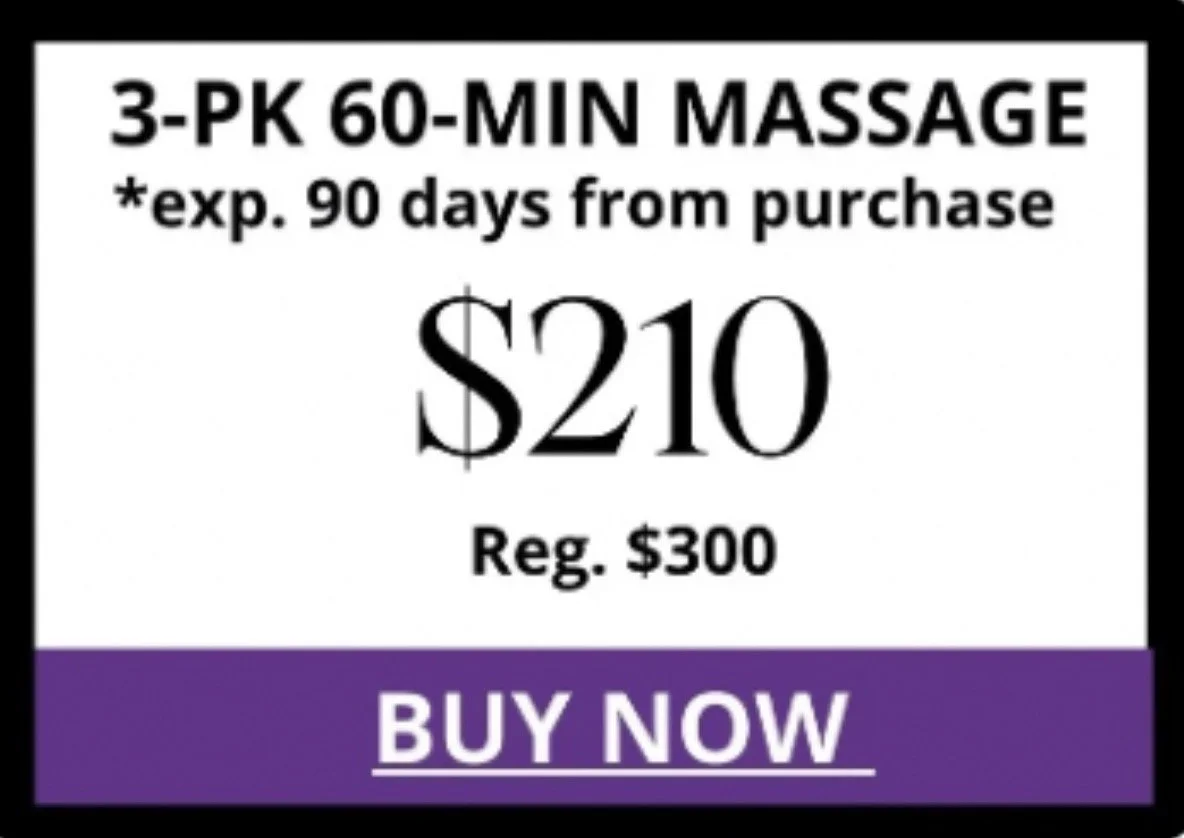 Advertisement for a 3-pack, 60-minute massage, $210, regular $300, expiry 90 days from purchase, purple 'Buy Now' button.