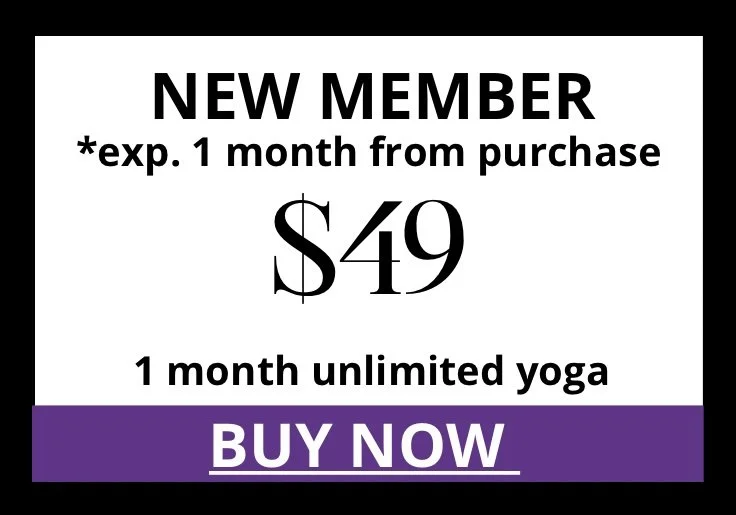 Advertisement offering new membership for one month of unlimited yoga at $49, with a call to action to buy now.